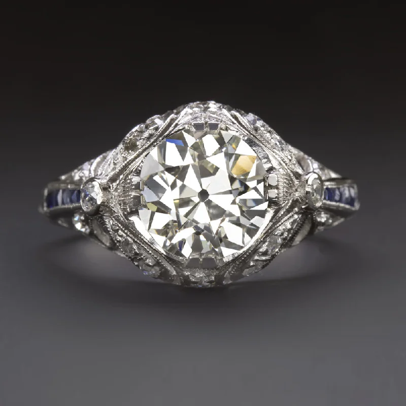 ART DECO VINTAGE DIAMOND ENGAGEMENT RING 2ct OLD EUROPEAN CUT PLATINUM SAPPHIRE