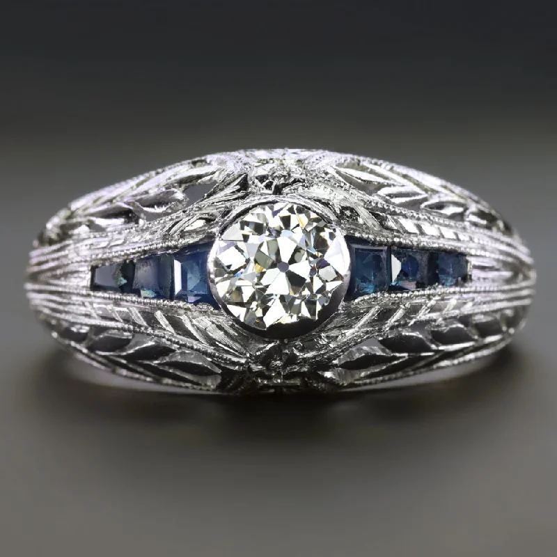 ART DECO DIAMOND SAPPHIRE ENGAGEMENT RING PLATINUM VINTAGE HAND ENGRAVED OLD CUT