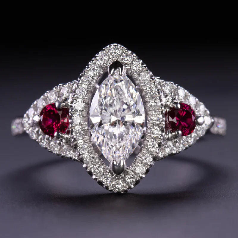 DIAMOND RUBY ENGAGEMENT RING MARQUISE CUT NATURAL THREE STONE HALO WHITE GOLD