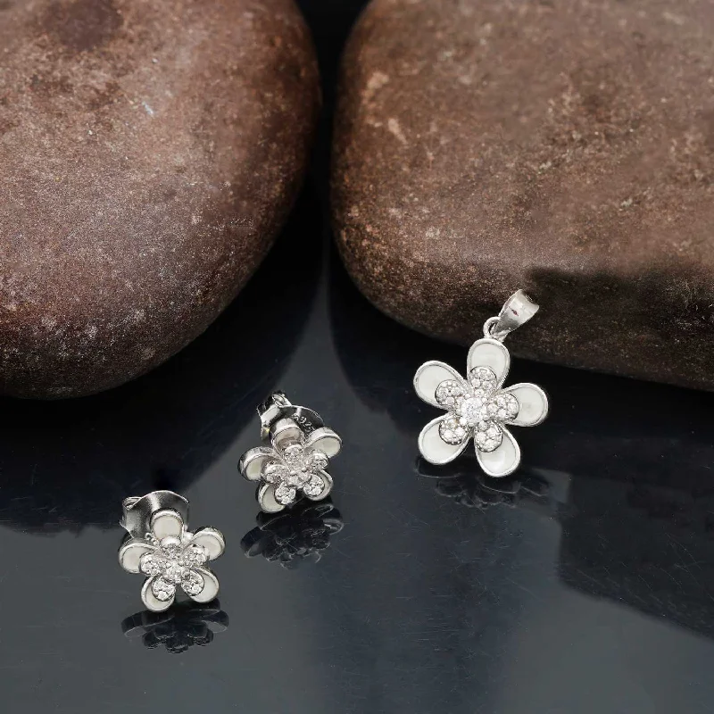 92.5 Silver Floral Design Dual Tone Pendant Set with Zircon Stone Earrings