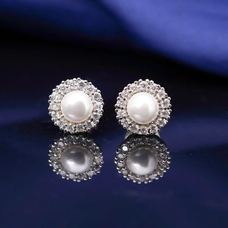 92.5 Silver Zircon Stone Pearl Earrings - Upscale Semi - Precious Jewellery