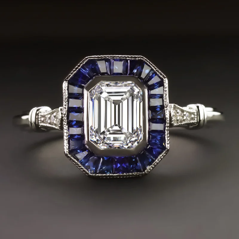 DIAMOND SAPPHIRE ENGAGEMENT RING VINTAGE STYLE GIA CERTIFIED H VS2 EMERALD CUT