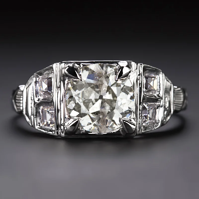 1.5ct OLD EUROPEAN CUT DIAMOND ENGAGEMENT RING 18k WHITE GOLD VINTAGE ART DECO