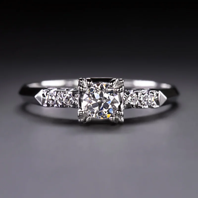 VINTAGE DIAMOND ENGAGEMENT RING OLD EUROPEAN CUT 14k WHITE GOLD CLASSIC ESTATE