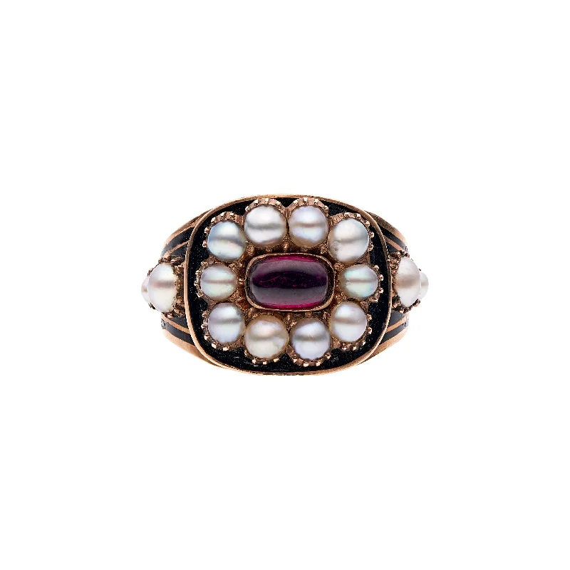 Antique Georgian 18k Garnet, Natural Pearl, & Black Enamel Mourning Ring