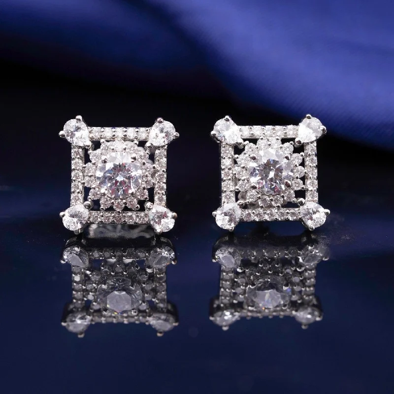 92.5 Silver Premium Floral Earrings -Square Edged with Zircon & Moissanite Stone