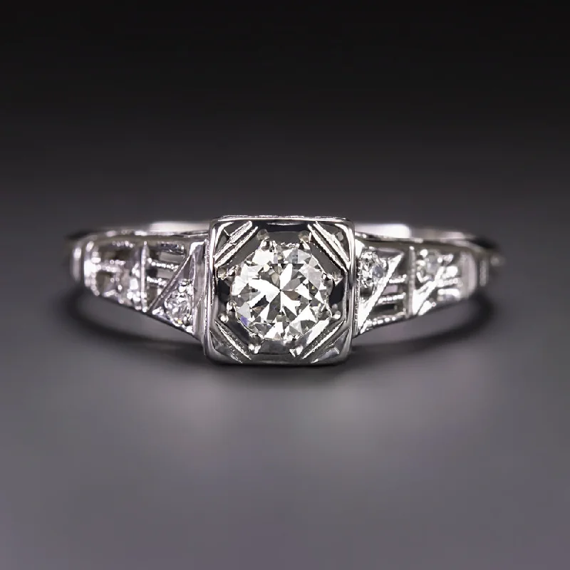 ART DECO DIAMOND ENGAGEMENT RING 18k WHITE GOLD OLD EUROPEAN CUT VINTAGE ESTATE