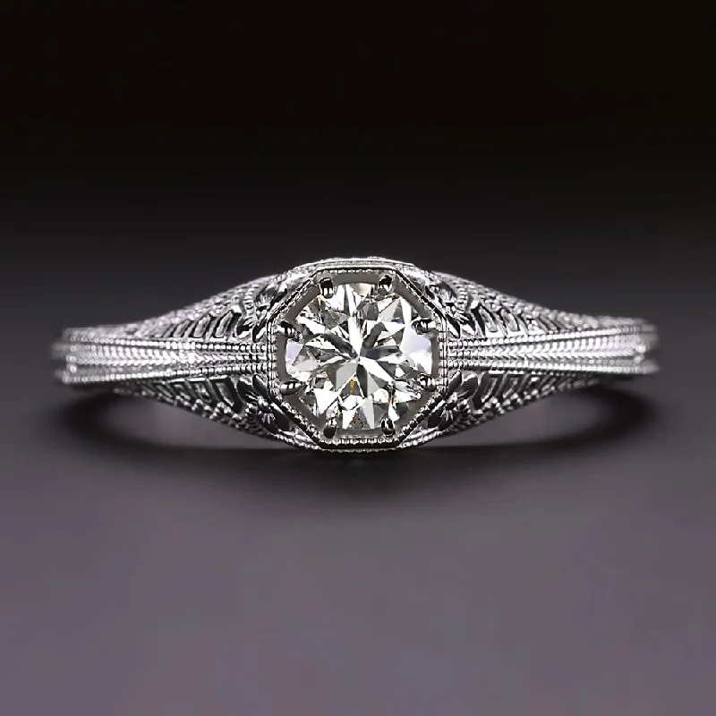 VINTAGE STYLE DIAMOND ENGAGEMENT RING WHITE GOLD SOLITAIRE FILIGREE ROUND CUT