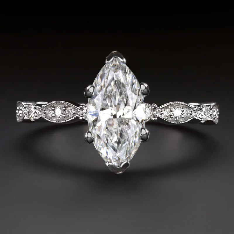 MARQUISE SHAPE DIAMOND ENGAGEMENT RING VINTAGE STYLE 14k WHITE GOLD NATURAL