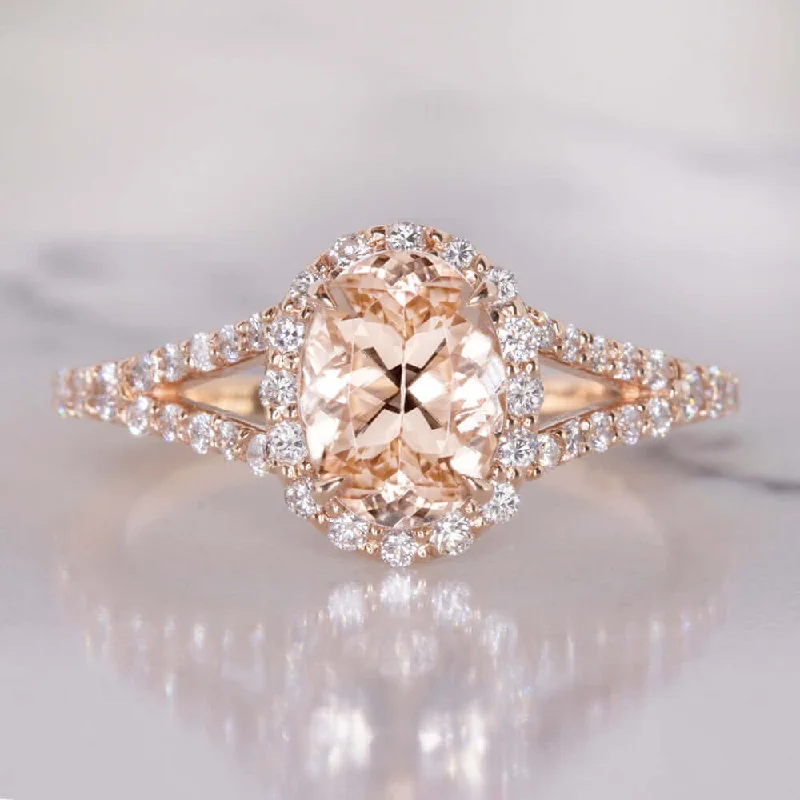 1.23ct MORGANITE .42ct DIAMOND ENGAGEMENT RING OVAL HALO SPLIT SHANK ROSE GOLD