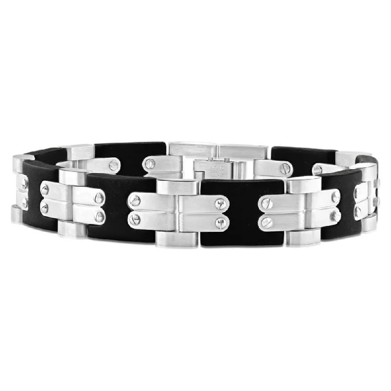 Men's Polished Steel Brushed Black Two Tone Flexible 12mm Link  8 " Bracelet