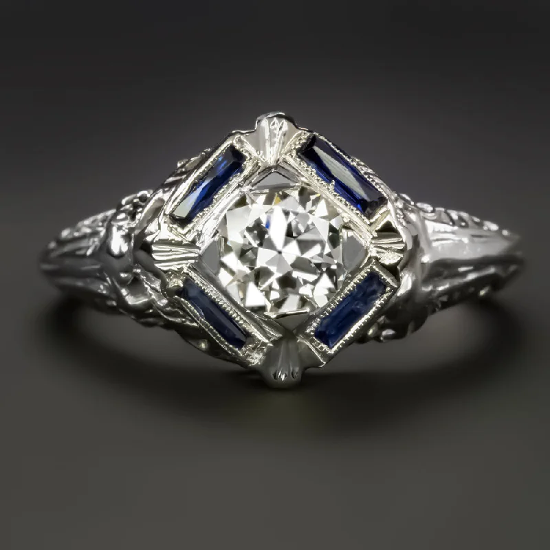 DIAMOND SAPPHIRE ART DECO ENGAGEMENT RING VINTAGE GIA CERT H VS OLD EUROPEAN CUT