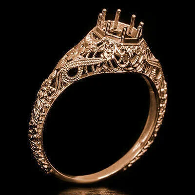 ART DECO STYLE SEMI MOUNT FILIGREE ENGRAVED ENGAGEMENT RING SETTING ROSE GOLD