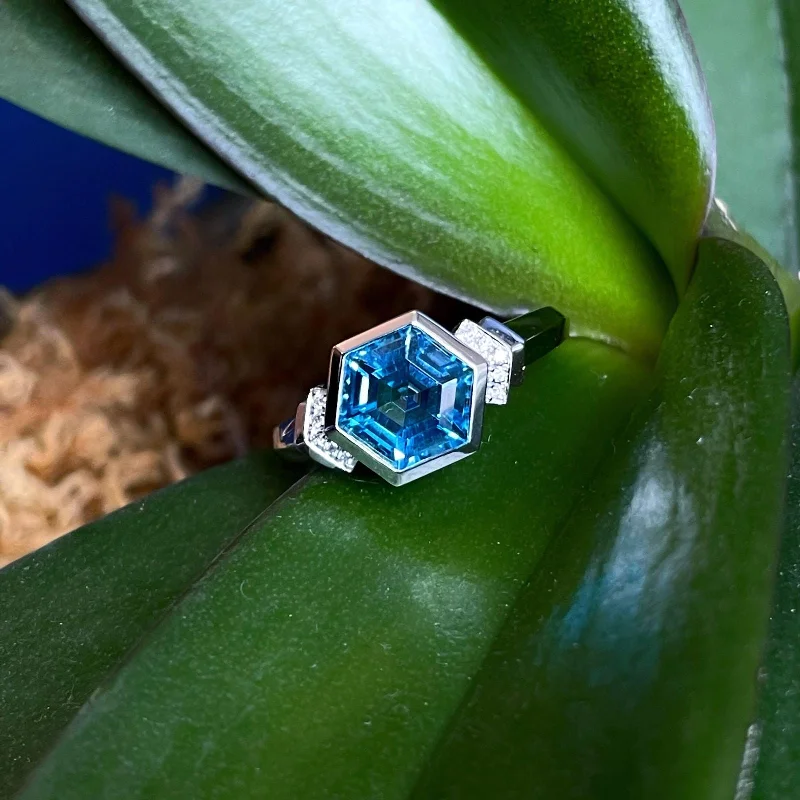 Hexagonal Blue Topaz Ring