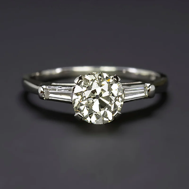 1.5 CARAT OLD MINE CUT DIAMOND ENGAGEMENT RING M VS1 PLATINUM BAGUETTE 3 STONE