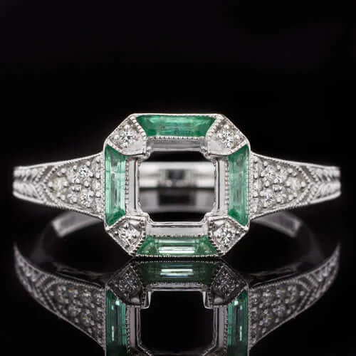 DIAMOND EMERALD VINTAGE STYLE ENGAGEMENT RING SETTING 5MM ROUND 5.5MM ART DECO