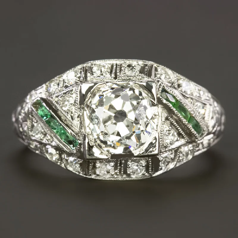 VINTAGE DIAMOND ENGAGEMENT RING 1.30ct GIA CERT OLD MINE CUT PLATINUM EMERALD