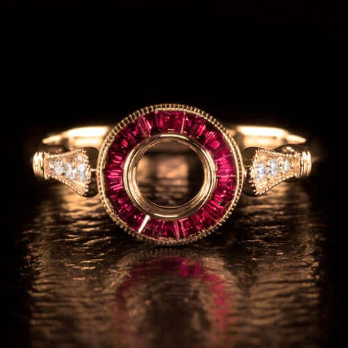 ART DECO STYLE RUBY DIAMOND HALO ENGAGEMENT RING ROSE GOLD SETTING 5mm ROUND