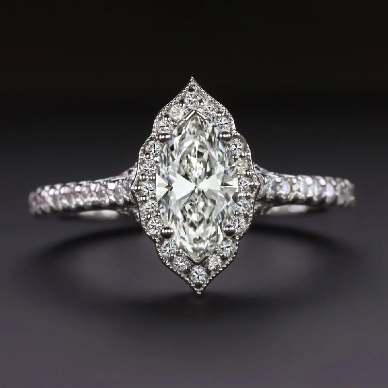 GIA CERTIFIED MARQUISE SHAPE DIAMOND ENGAGEMENT RING SCALLOPED HALO WHITE GOLD