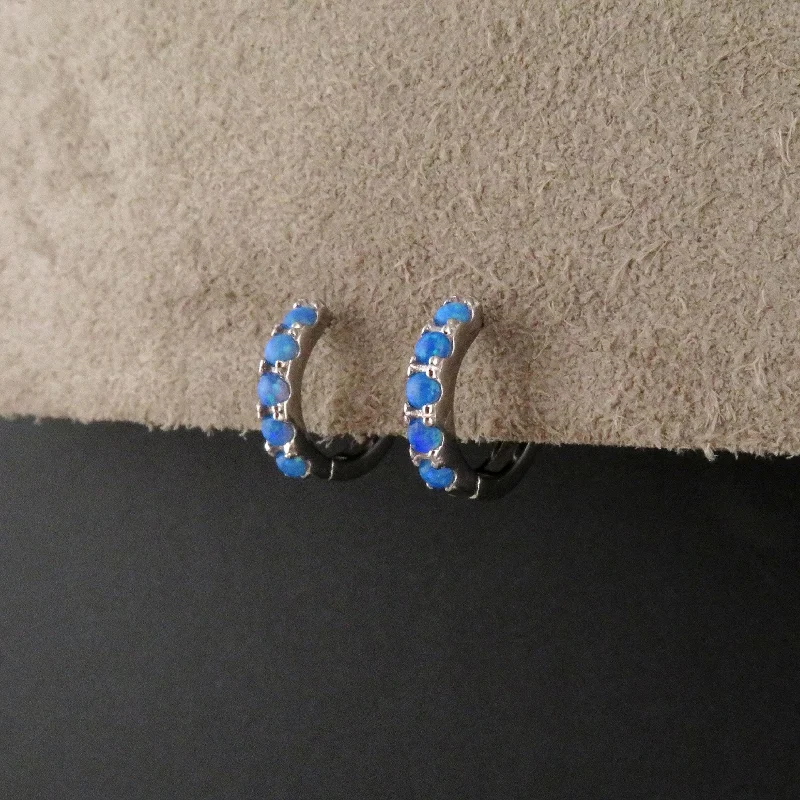 Silver Opal Hoop Earrings - Blue