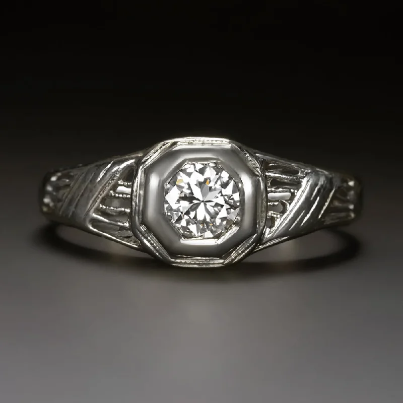 ART DECO DIAMOND ENGAGEMENT RING G-H VS 18k WHITE GOLD FILIGREE OLD CUT NATURAL