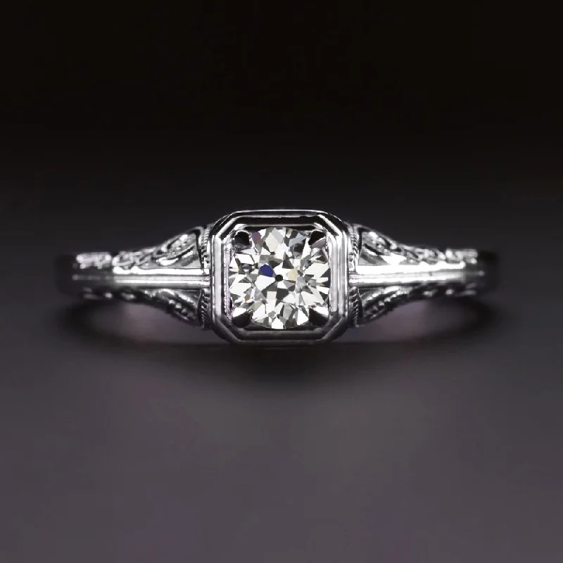 OLD EUROPEAN CUT DIAMOND ENGAGEMENT RING VINTAGE STYLE SOLITAIRE 14k WHITE GOLD