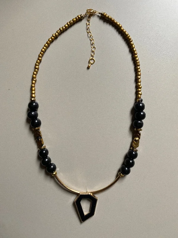 FRT10 - Seed bead, painted wood, crystal, gold plated bars and Hematite necklace