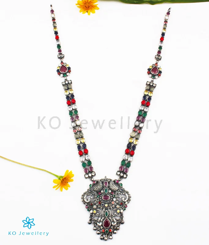 The Madhurya Silver Navaratna Peacock Necklace (Oxidised)