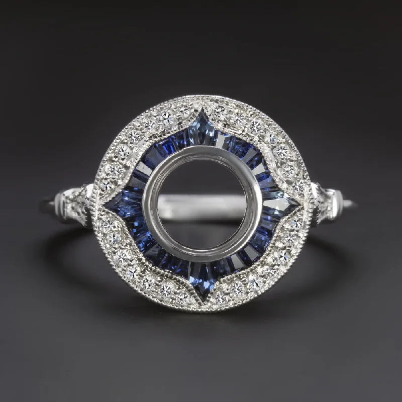 SAPPHIRE DIAMOND 6.5mm ROUND ENGAGEMENT RING SETTING VINTAGE STYLE HALO TARGET