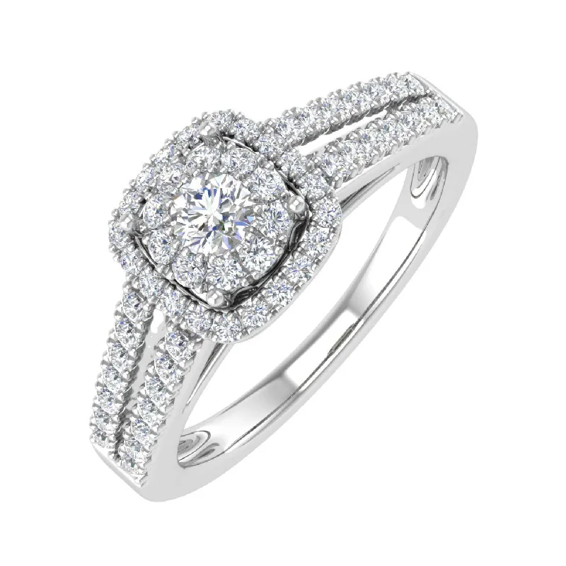 1/2 Carat Prong Set Diamond Cushion Cut Halo Engagement Ring in Gold