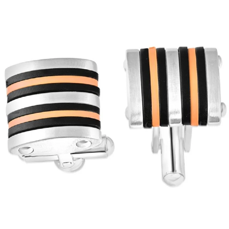 Men's Polished Stainless Steel Brushed Black And Orange 16mm Cufflink