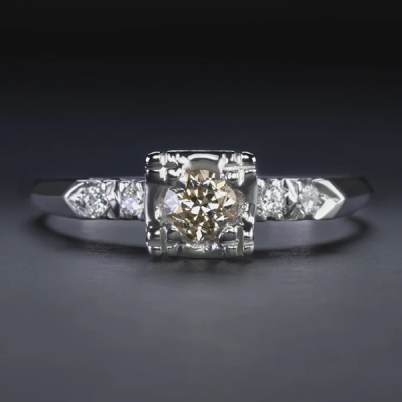 OLD EUROPEAN CUT NATURAL DIAMOND ENGAGEMENT RING 14K WHITE GOLD VINTAGE ESTATE