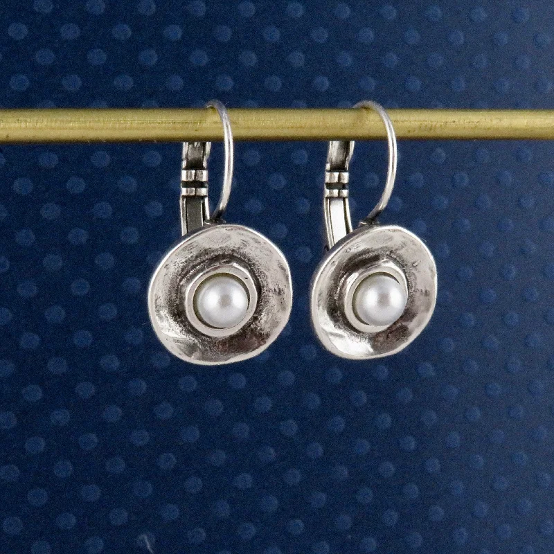 Hammered Round Pearl Earrings - Silver