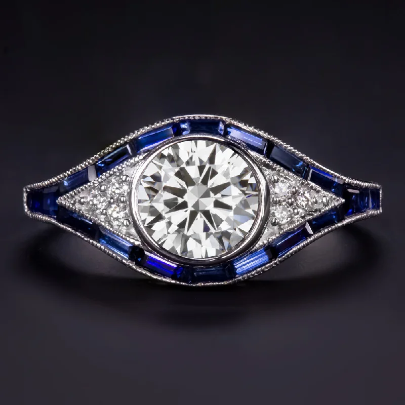 1.20ct LAB CREATED DIAMOND SAPPHIRE ENGAGEMENT RING VINTAGE STYLE 14k WHITE GOLD