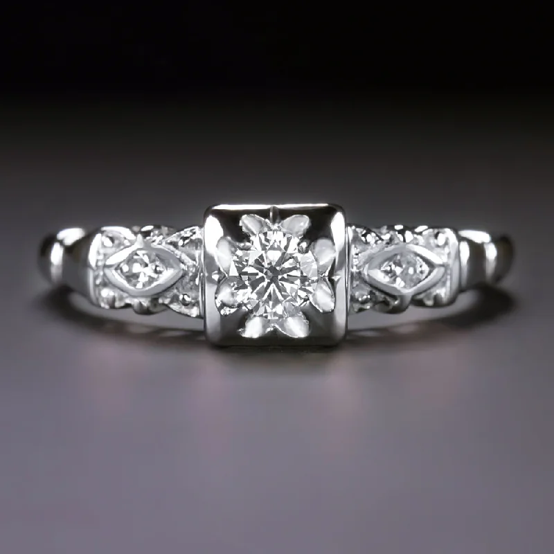 VINTAGE DIAMOND ENGAGEMENT RING MID CENTURY ILLUSION CLASSIC WHITE GOLD 0.20ct