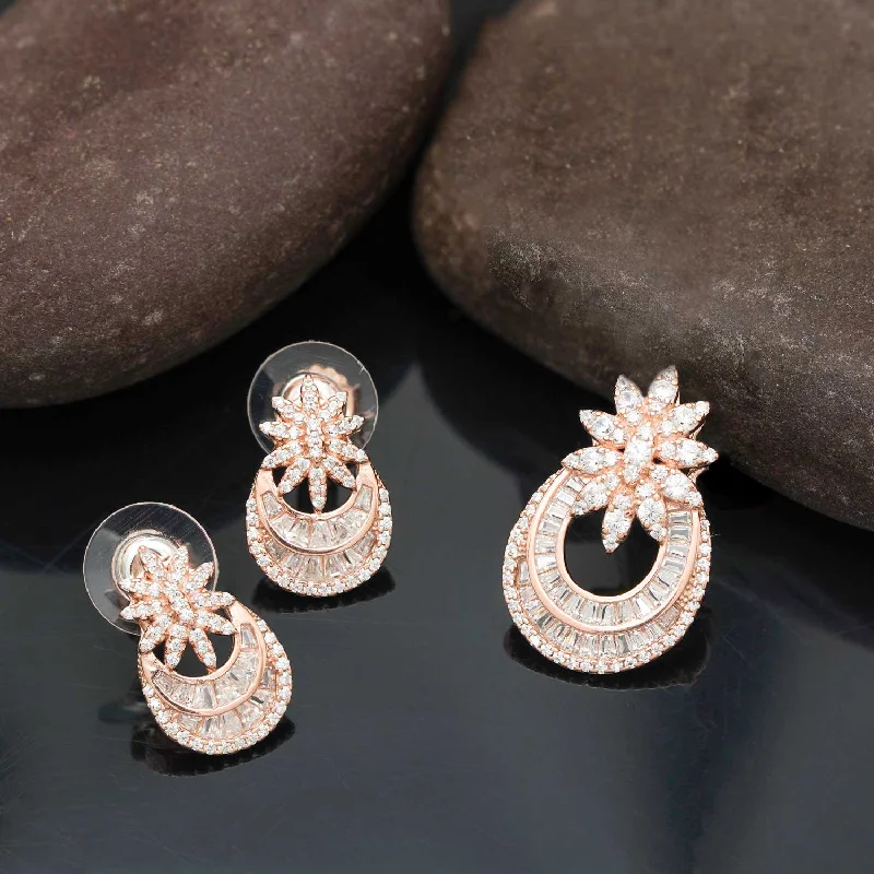 Mesmerizing Chandbali - 92.5 Silver Rose Gold Plated Pendant Set and Earrings with Zircon Stones