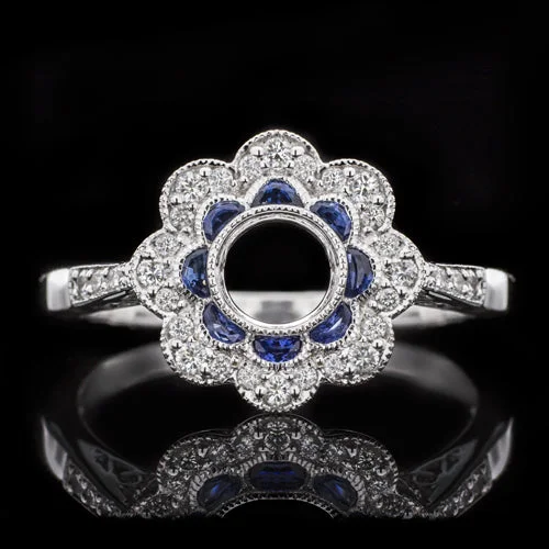 NATURAL SAPPHIRE DIAMOND FLORAL VINTAGE STYLE HALO ENGAGEMENT RING SETTING ROUND