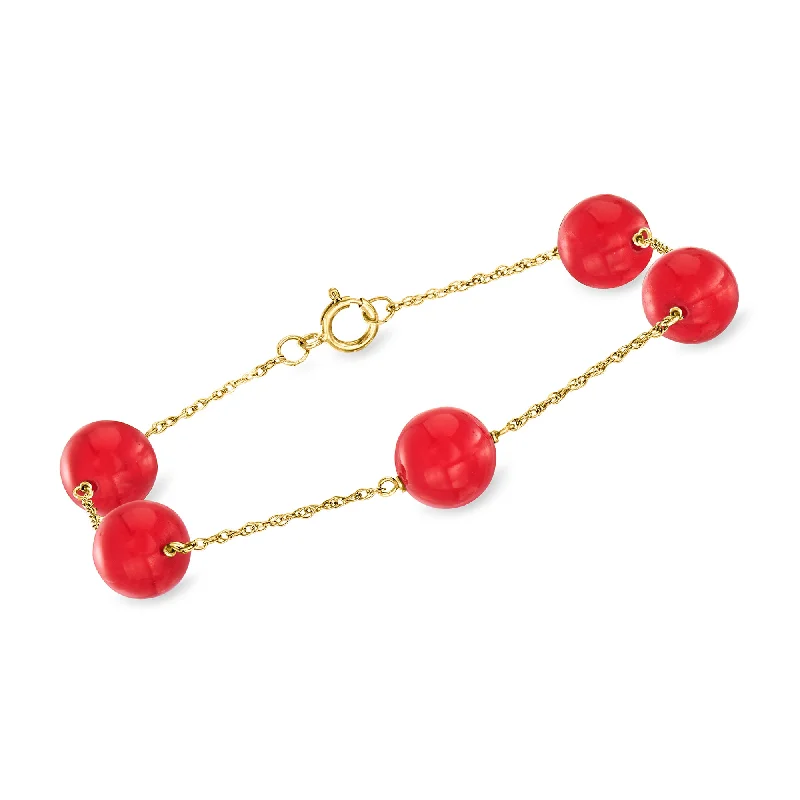 Ross-Simons 8mm Red Coral Bead Station Bracelet in 14kt Yellow Gold