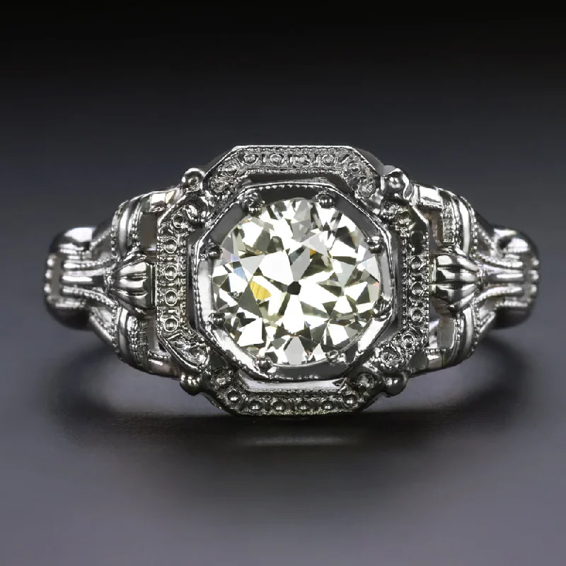 ART DECO DIAMOND ENGAGEMENT RING 0.80ct OLD EUROPEAN CUT 18k WHITE GOLD VINTAGE