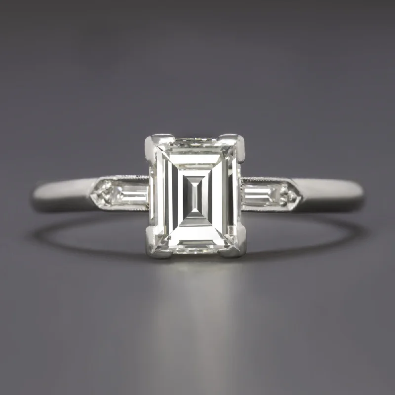 1 CARAT VINTAGE EMERALD CUT DIAMOND ENGAGEMENT RING F-G VS PLATINUM 3 STONE 1ct