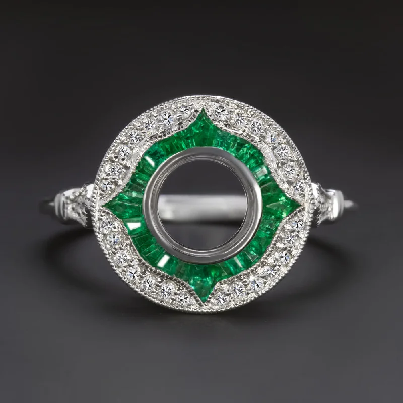 EMERALD DIAMOND 6.5mm ROUND ENGAGEMENT RING SETTING VINTAGE STYLE HALO TARGET