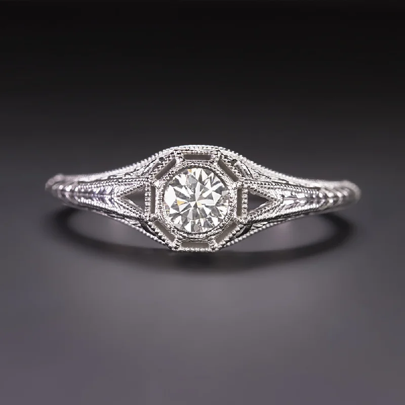 VINTAGE STYLE DIAMOND ENGAGEMENT RING 0.32ct G-H SI1-SI2 14k WHITE GOLD FILIGREE