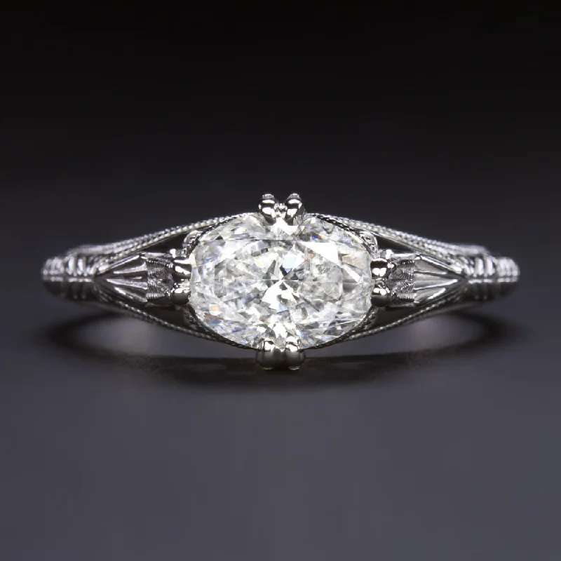 1 CARAT F SI DIAMOND ENGAGEMENT RING OVAL CUT VINTAGE STYLE EAST WEST SOLITAIRE