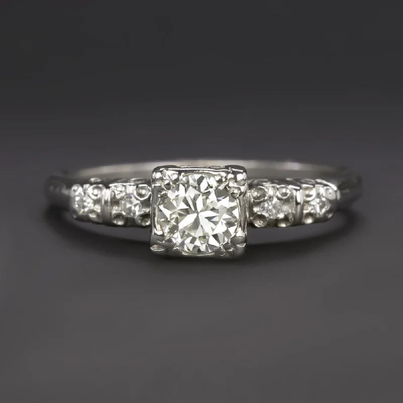 VINTAGE DIAMOND ENGAGEMENT RING OLD TRANSITIONAL CUT WHITE GOLD CLASSIC 0.39ct