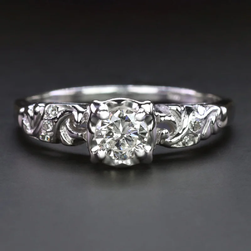 VINTAGE DIAMOND ENGAGEMENT RING 1/3ct ROUND NATURAL 14k WHITE GOLD MID CENTURY