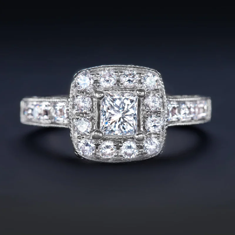 PRINCESS CUT 0.9C NATURAL DIAMOND ENGAGEMENT RING HALO WHITE GOLD VINTAGE STYLE