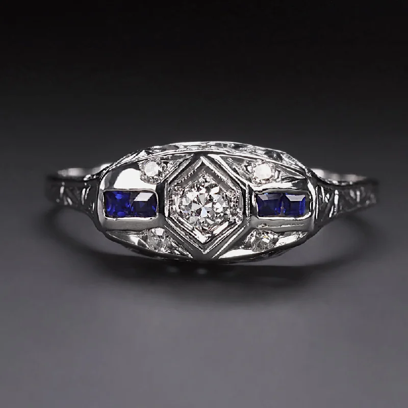 ART DECO DIAMOND SAPPHIRE ENGAGEMENT RING VINTAGE 18K WHITE GOLD FILIGREE 1920s