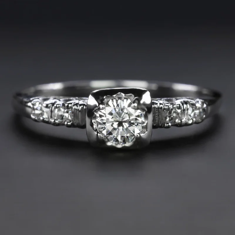 VINTAGE DIAMOND ENGAGEMENT RING E-F VS1 1/3ct 18k WHITE GOLD NATURAL ROUND CUT