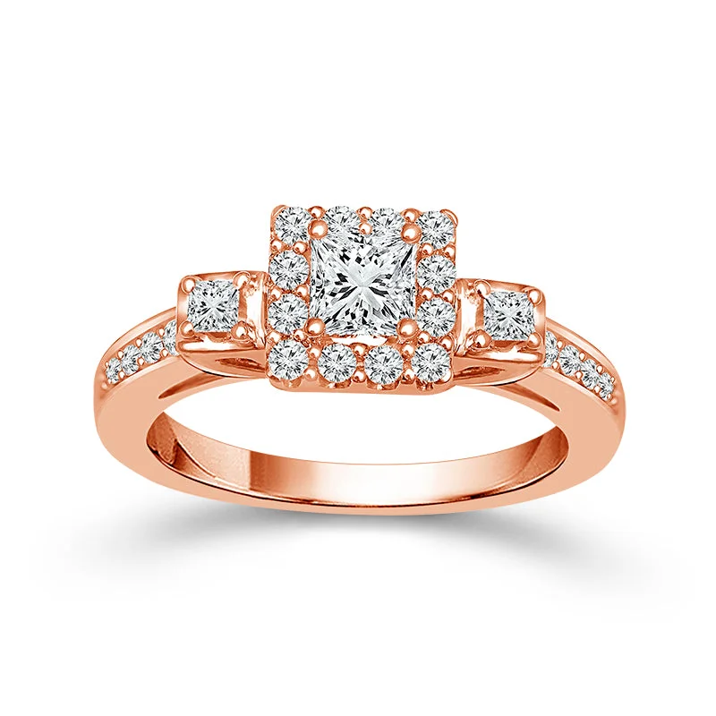 1/3 Ctw Princess Cut Diamond Halo Engagement Ring in 10k Rose Gold