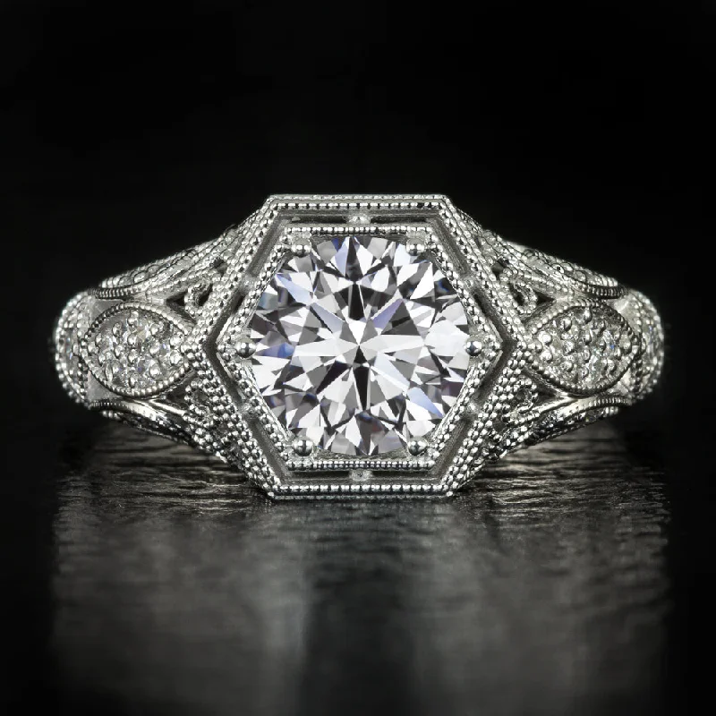 1.5ct VINTAGE STYLE ENGAGEMENT RING LAB CREATED DIAMOND FILIGREE 14k WHITE GOLD